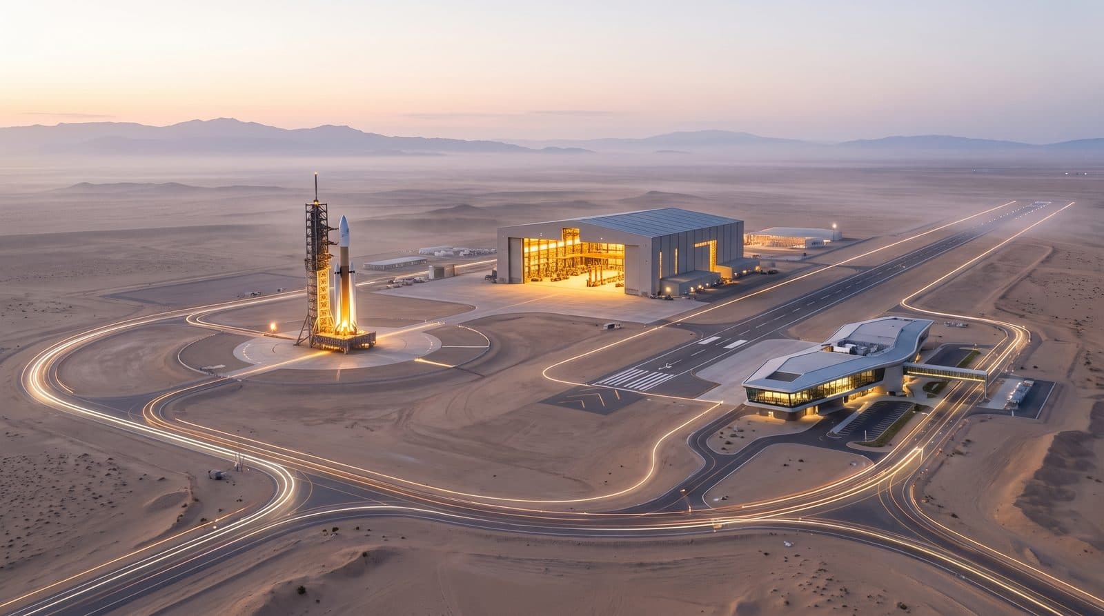 A spaceport and aerospace complex in the desert at dawn, a slender rocket on its launch pad, an assembly hangar glowing from within, a runway and mission control, roads traced in thin lines of light.