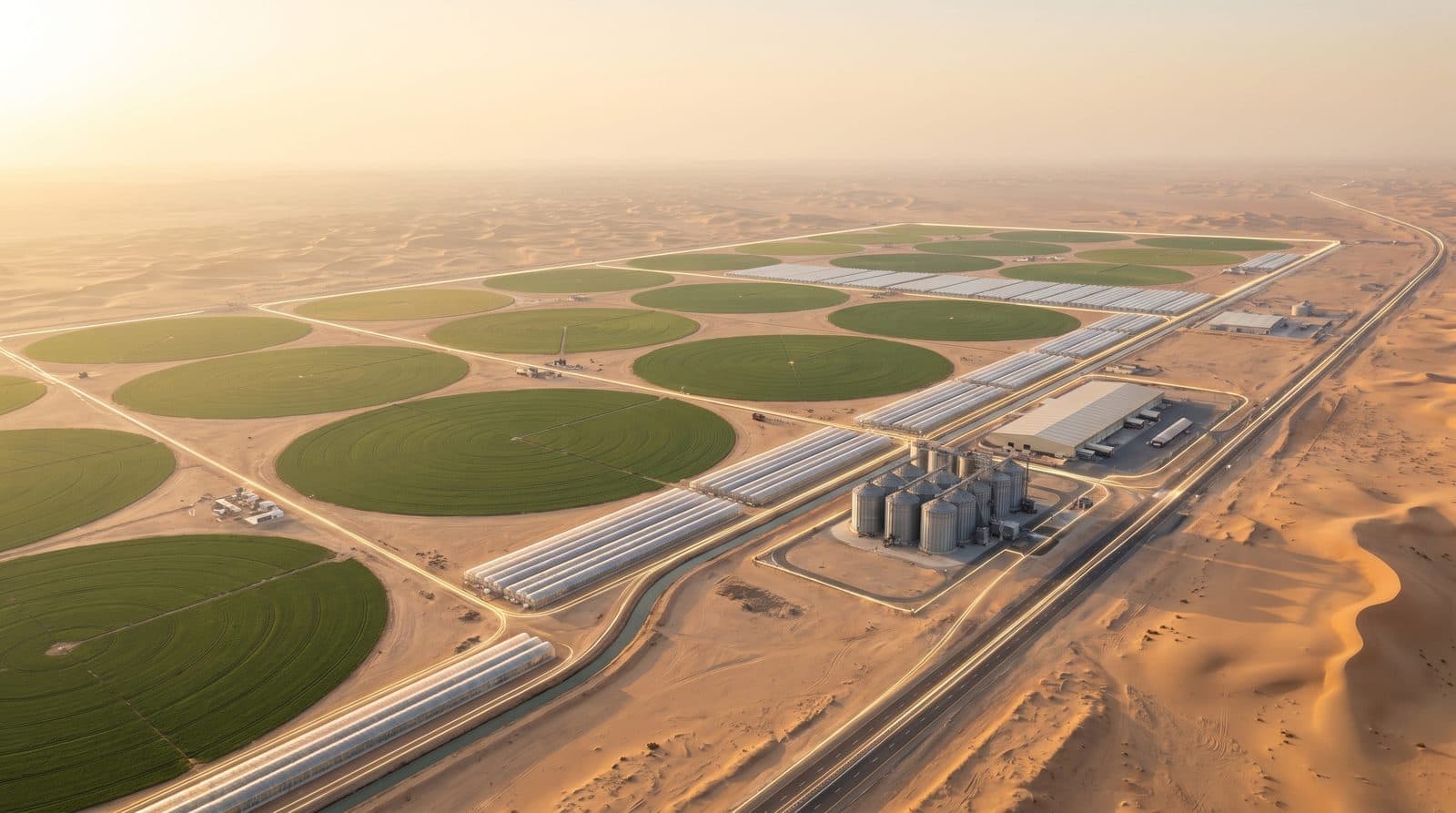 Circular irrigated fields and greenhouses in the desert at first light, grain silos and a food distribution centre beyond, irrigation channels traced in thin lines of light.