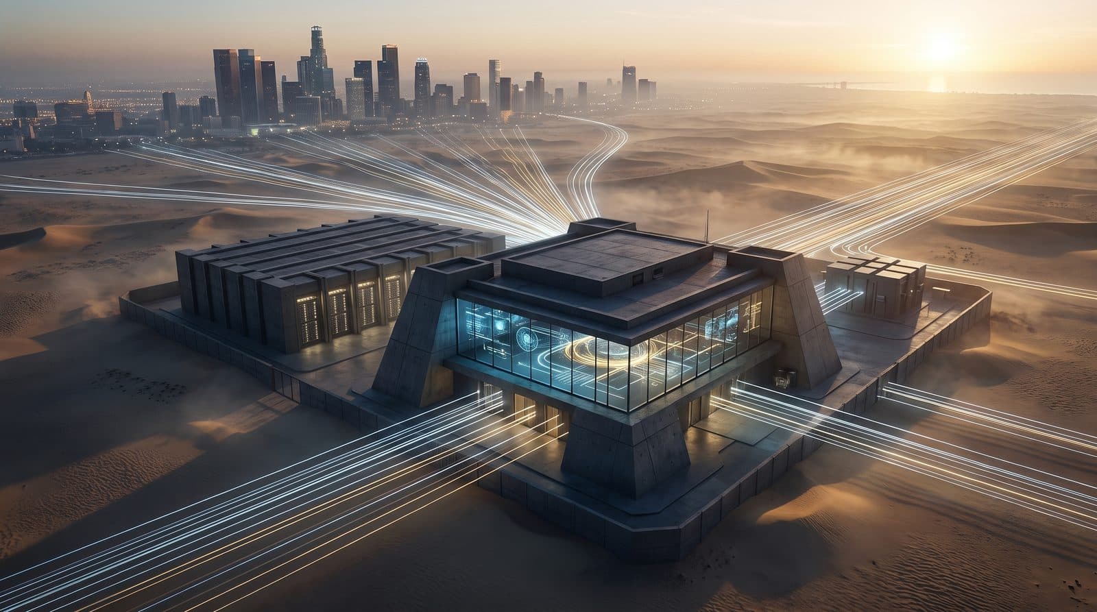 A national cyber defence and digital infrastructure operations centre at dawn, a dark angular building with a glowing glass operations floor beside a data hall and an internet exchange point, fibre routes traced in thin lines of light.