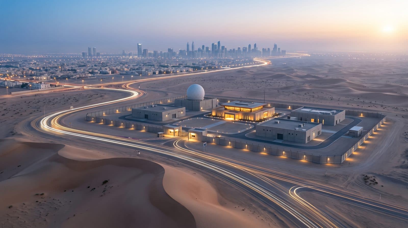 A national security operations complex at the edge of a desert city at dawn, low hardened buildings, a white radar dome, a lit secure perimeter and roads traced in thin lines of light.