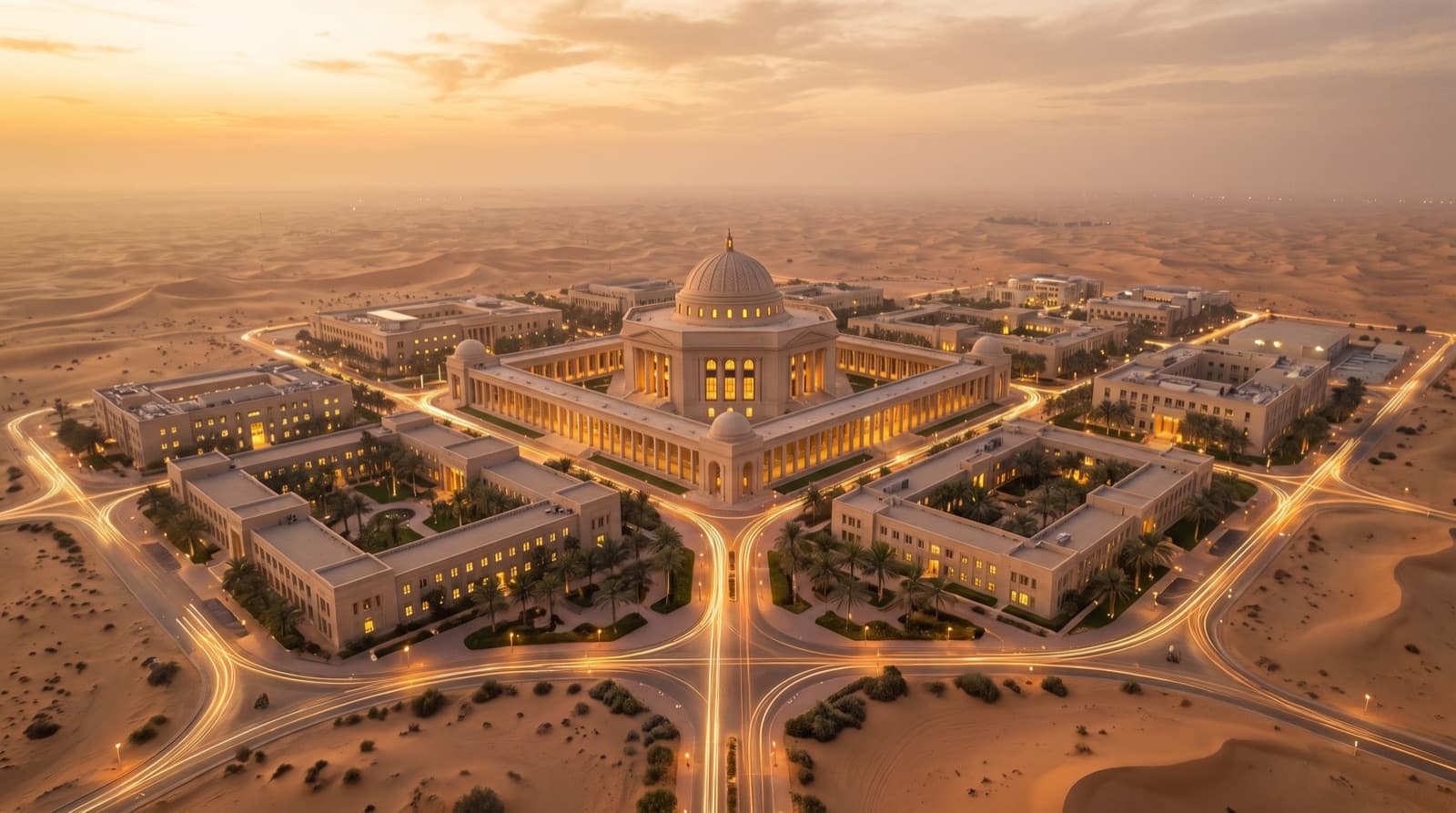 A university campus in the desert at golden hour, a domed library at the centre of a colonnaded quadrangle, its paths traced in lines of light.
