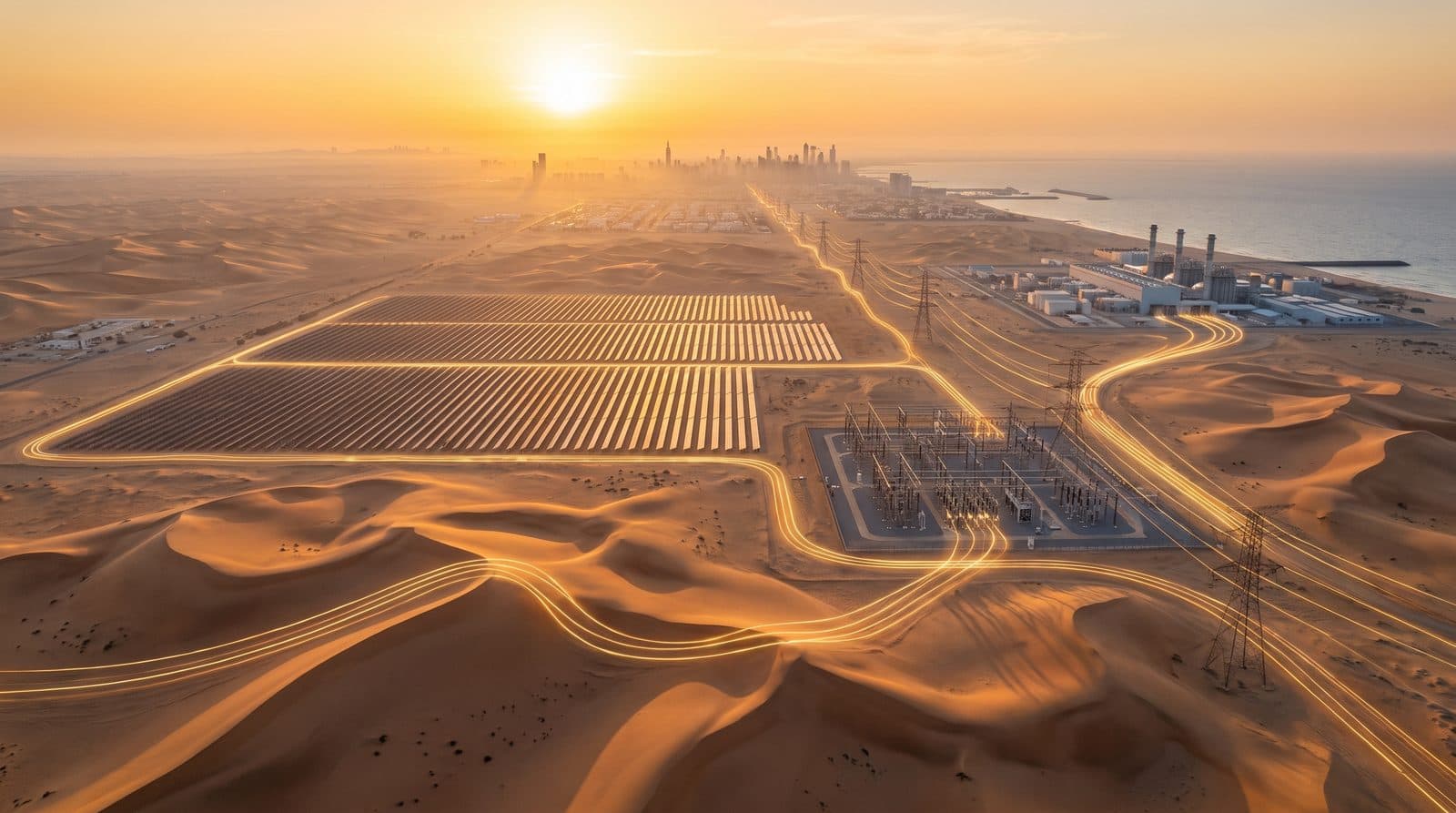 A desert solar farm and a high-voltage substation at sunrise, power lines running toward a city and a coastal desalination plant, the grid traced in thin lines of light.