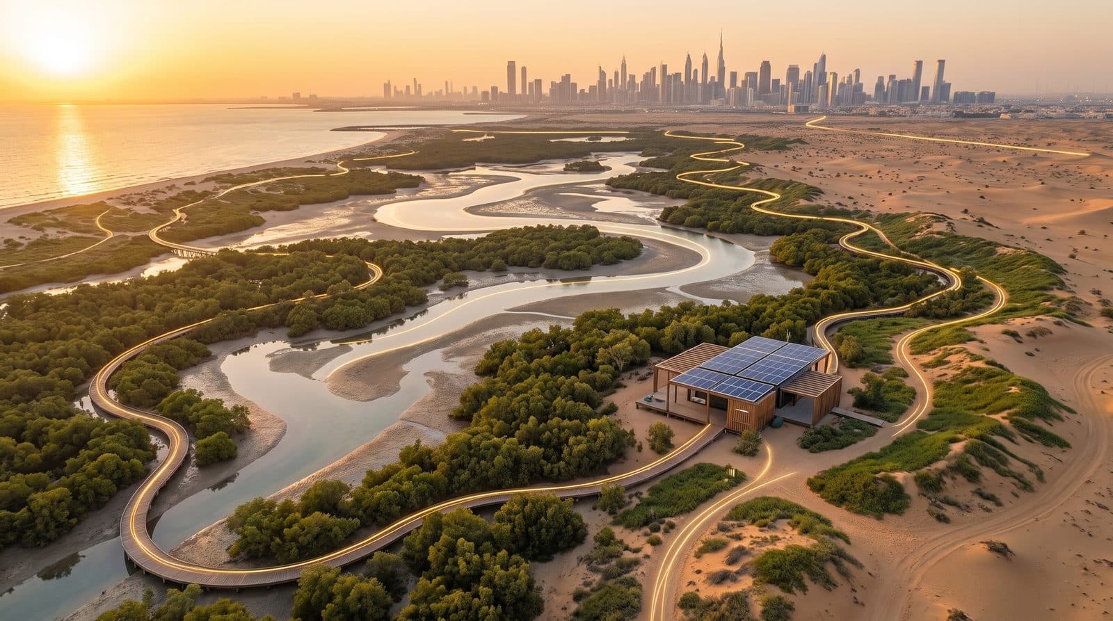 A protected coastal reserve at sunrise where mangroves, lagoons and green dunes meet the desert, a small environmental monitoring station, its waterways traced in thin gold lines of light.