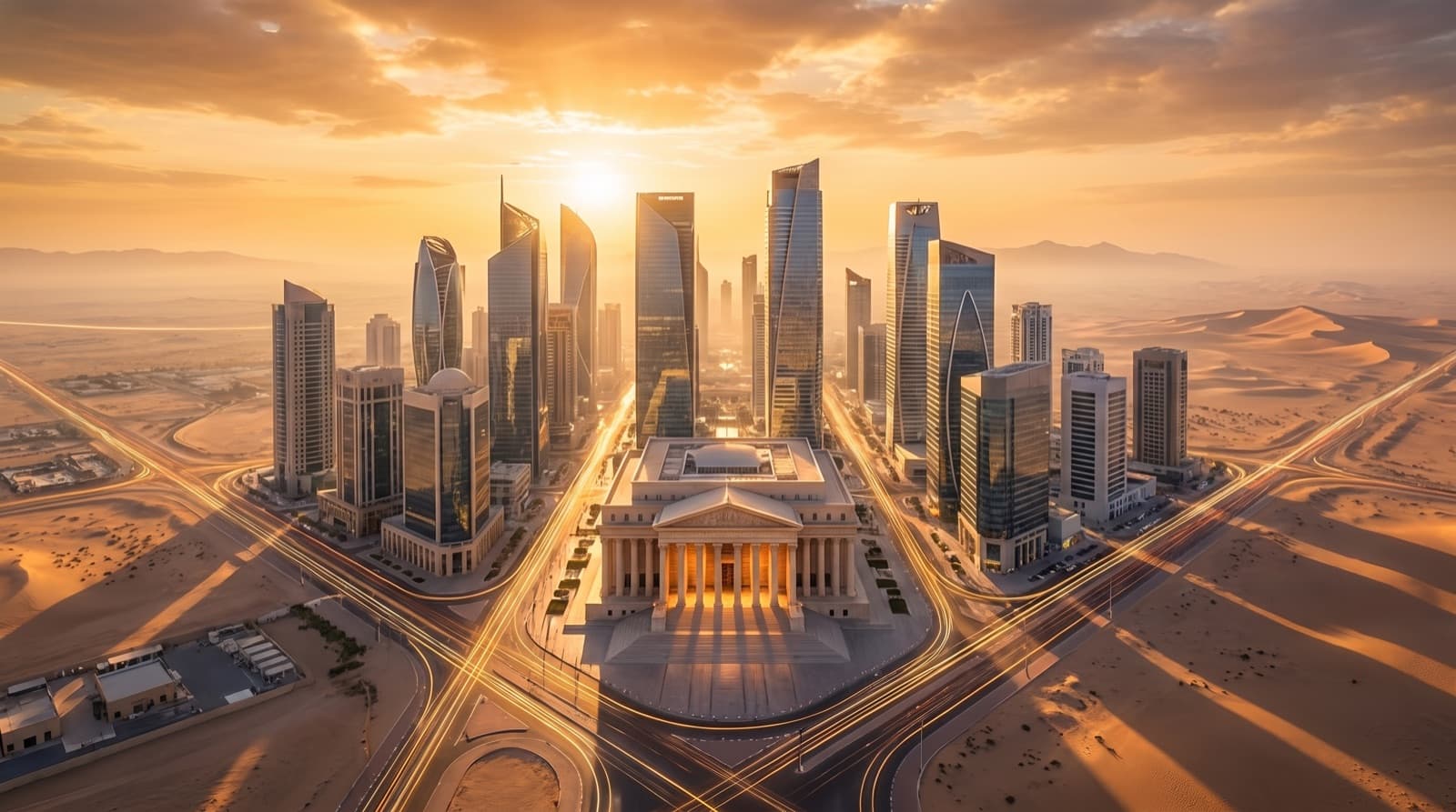 A financial district at sunrise: glass towers around a central bank with a stone colonnade, its avenues traced in lines of light.