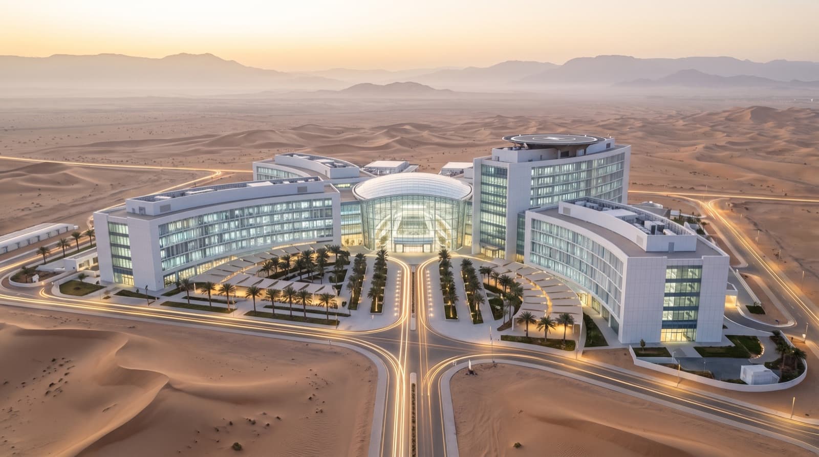 A hospital and medical university campus in the desert at first light, white buildings around a glass atrium, its access roads traced in lines of light.