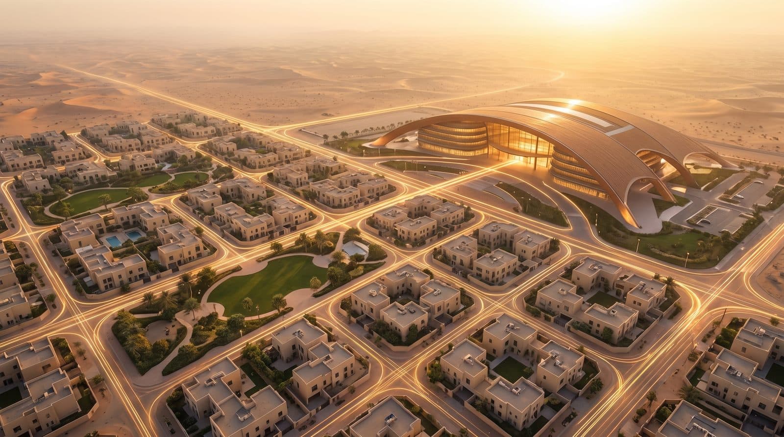 A calm residential district of courtyard villas and parks beside an insurance and pensions headquarters with a curved canopy roof at sunrise, its avenues traced by thin gold lines of light.