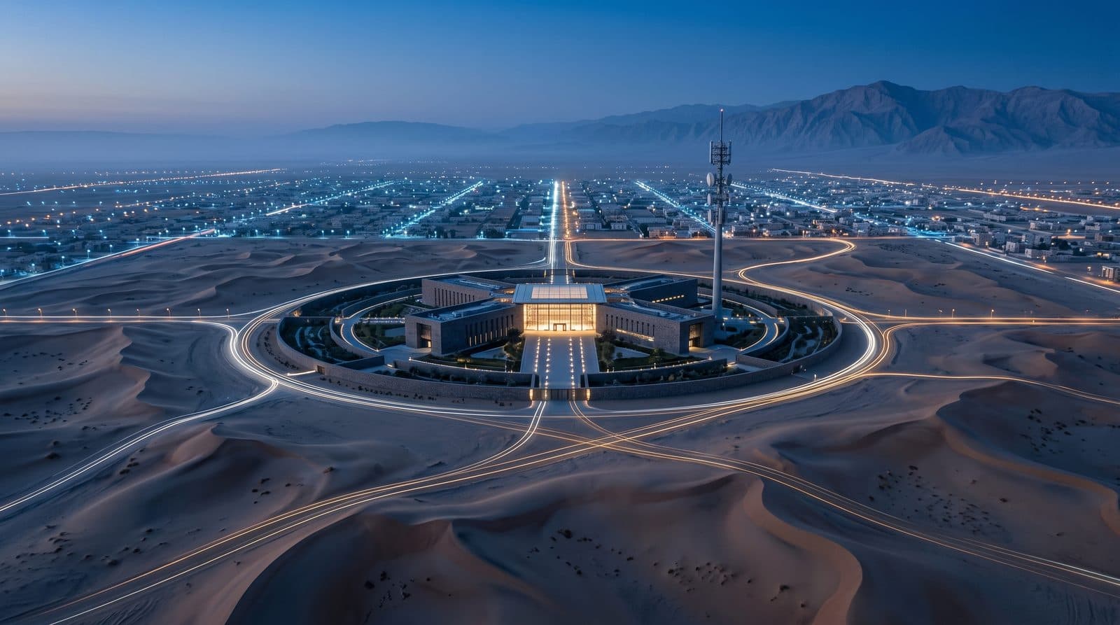 A discreet national security headquarters in a desert capital at blue hour, a sober stone building with a softly glowing glass atrium, secure gardens and a communications mast, avenues traced by thin lines of light.