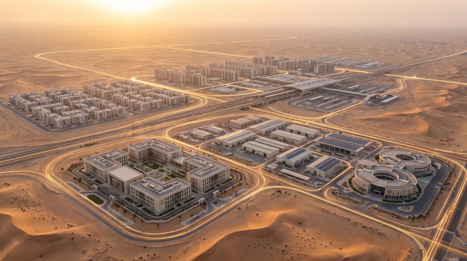 A ministry of labour and social protection beside a vocational training campus and a public service centre in a desert city at sunrise, avenues traced in thin gold lines of light.