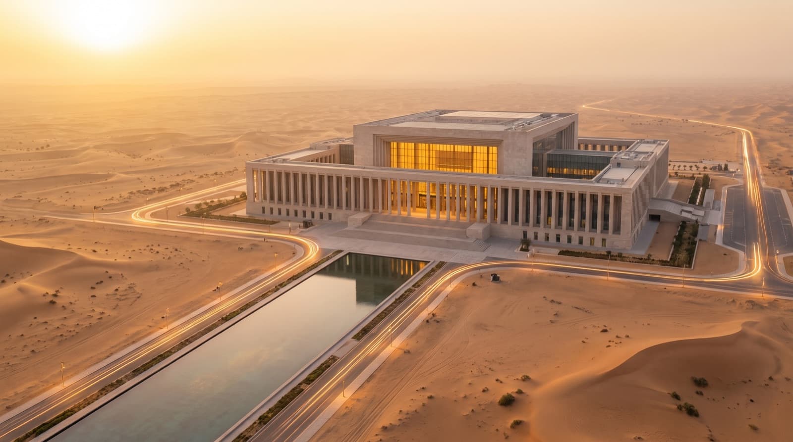 A monumental courthouse in the desert at sunrise, its great hall lit behind a stone colonnade, a long reflecting pool and avenues traced in lines of light.