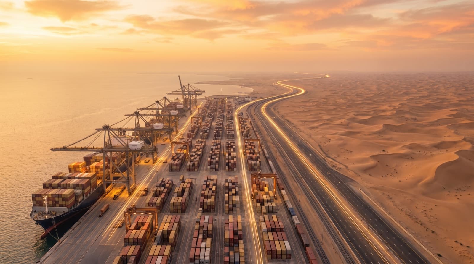A container port on a desert coast at sunrise, gantry cranes over stacked containers, a highway and a rail line running inland traced in lines of light.