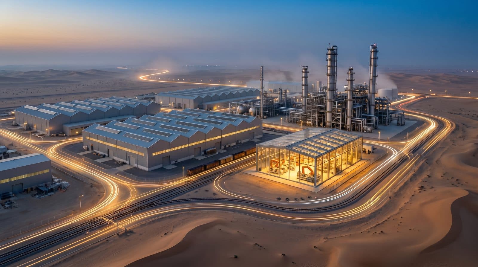 A desert industrial zone at blue hour, factory halls, a chemical plant's columns and a glass robotic assembly hall glowing from within, rail lines and roads traced in thin lines of light.