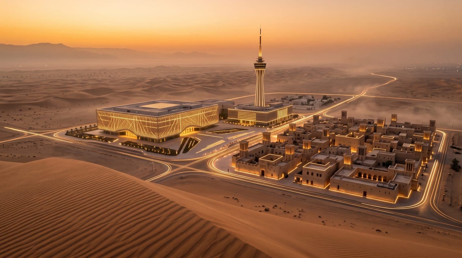 A national library and archive beside a broadcasting centre with a transmission tower, and a restored heritage old town at dusk, its avenues traced in thin lines of light.