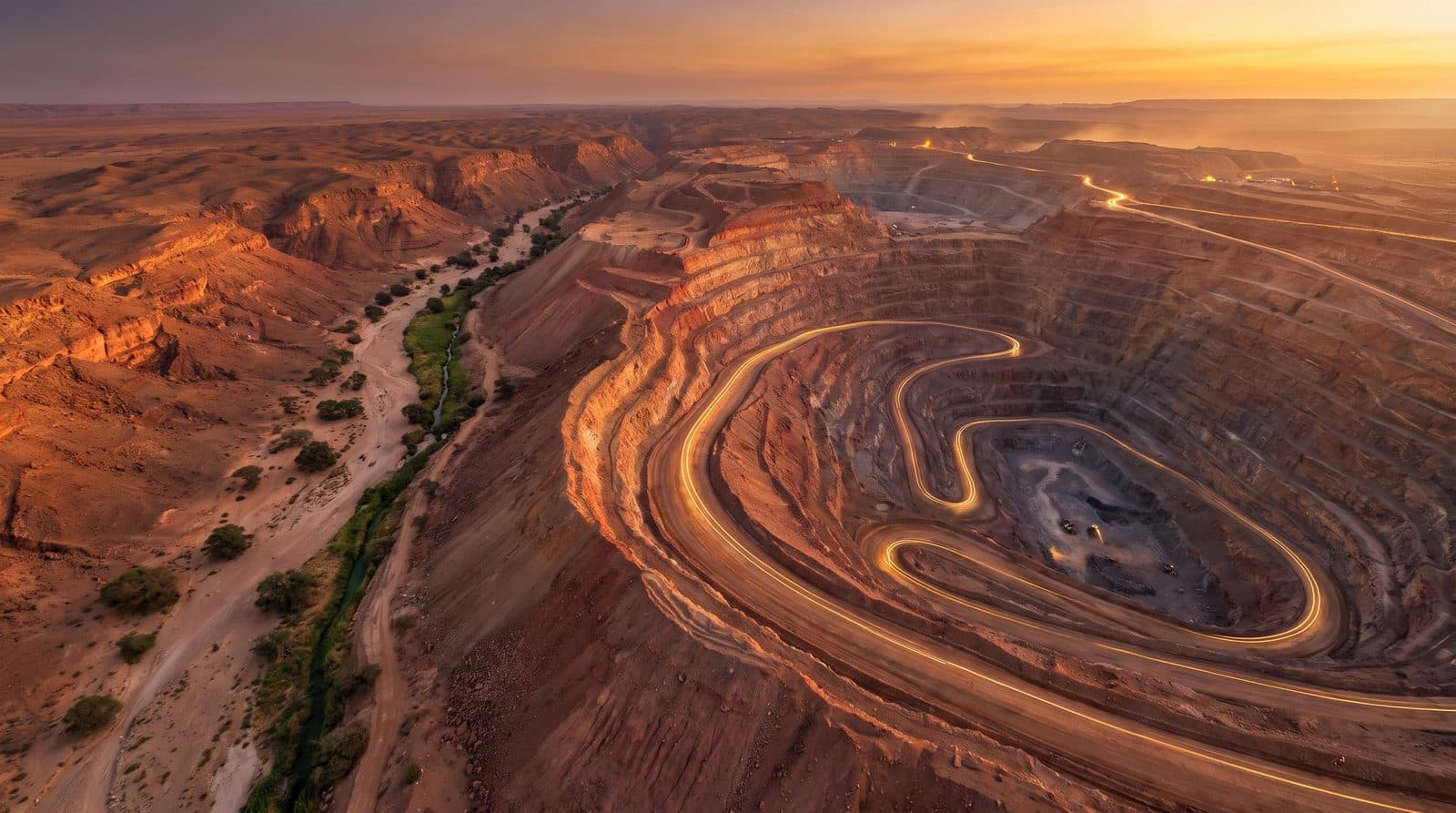 An open-pit mine with terraced benches in layered red desert rock at sunrise, beside a green wadi reserve with acacia trees, its haul roads traced in thin lines of light.