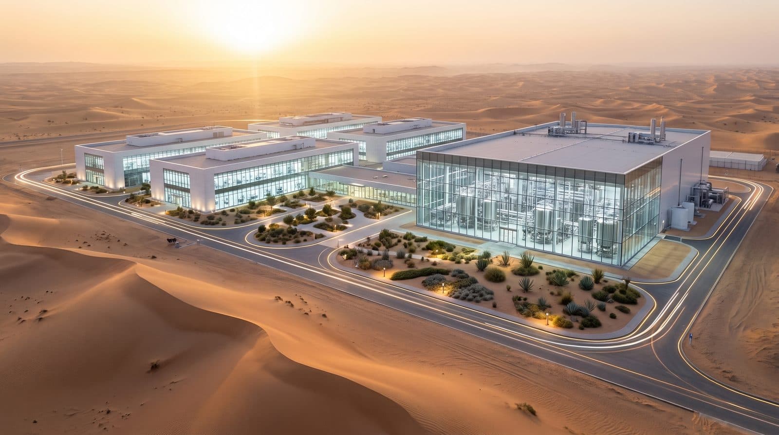 A pharmaceutical and biotechnology campus in the desert at first light, white glass laboratories glowing cool white beside a sterile production plant, its access roads traced in thin lines of light.