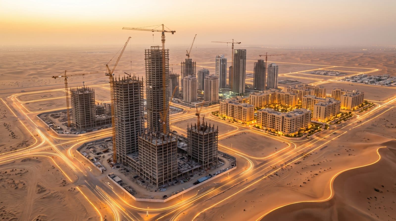 A new urban district under construction at the edge of a desert city at golden hour, towers rising in steel frames among tall cranes, finished blocks lit warm, roads traced in thin gold lines of light.