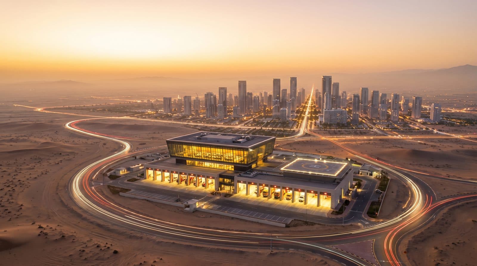 A city emergency coordination centre at dusk with a glowing glass control room, a fire station and an ambulance depot, a rooftop helipad, ring roads traced by thin lines of light.