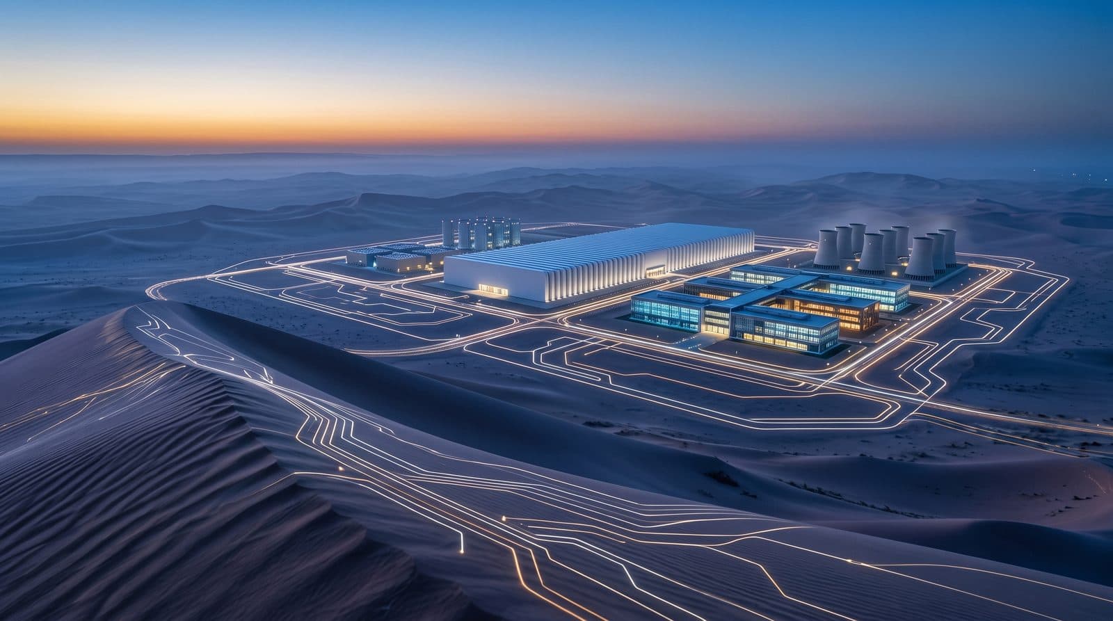 An AI and semiconductor technology park in the desert at blue hour, a long cleanroom fabrication plant beside an AI research campus with glowing labs, roads traced in thin lines of light in circuit-like patterns.