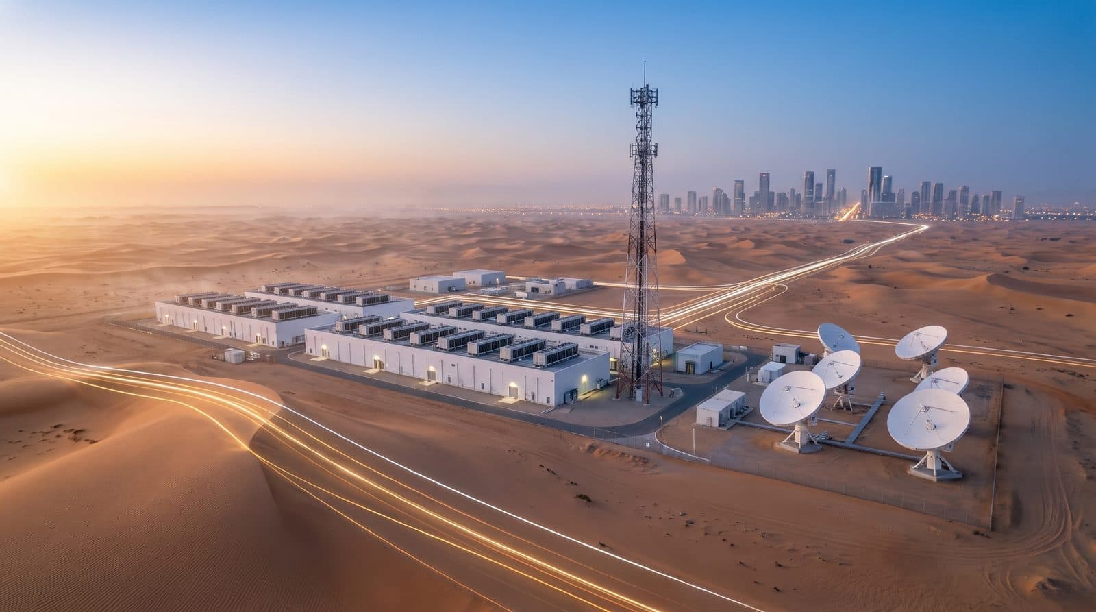 A desert data centre campus at dawn, long white data halls beside a telecom tower and a satellite ground station, fibre routes traced in thin lines of light toward a city.