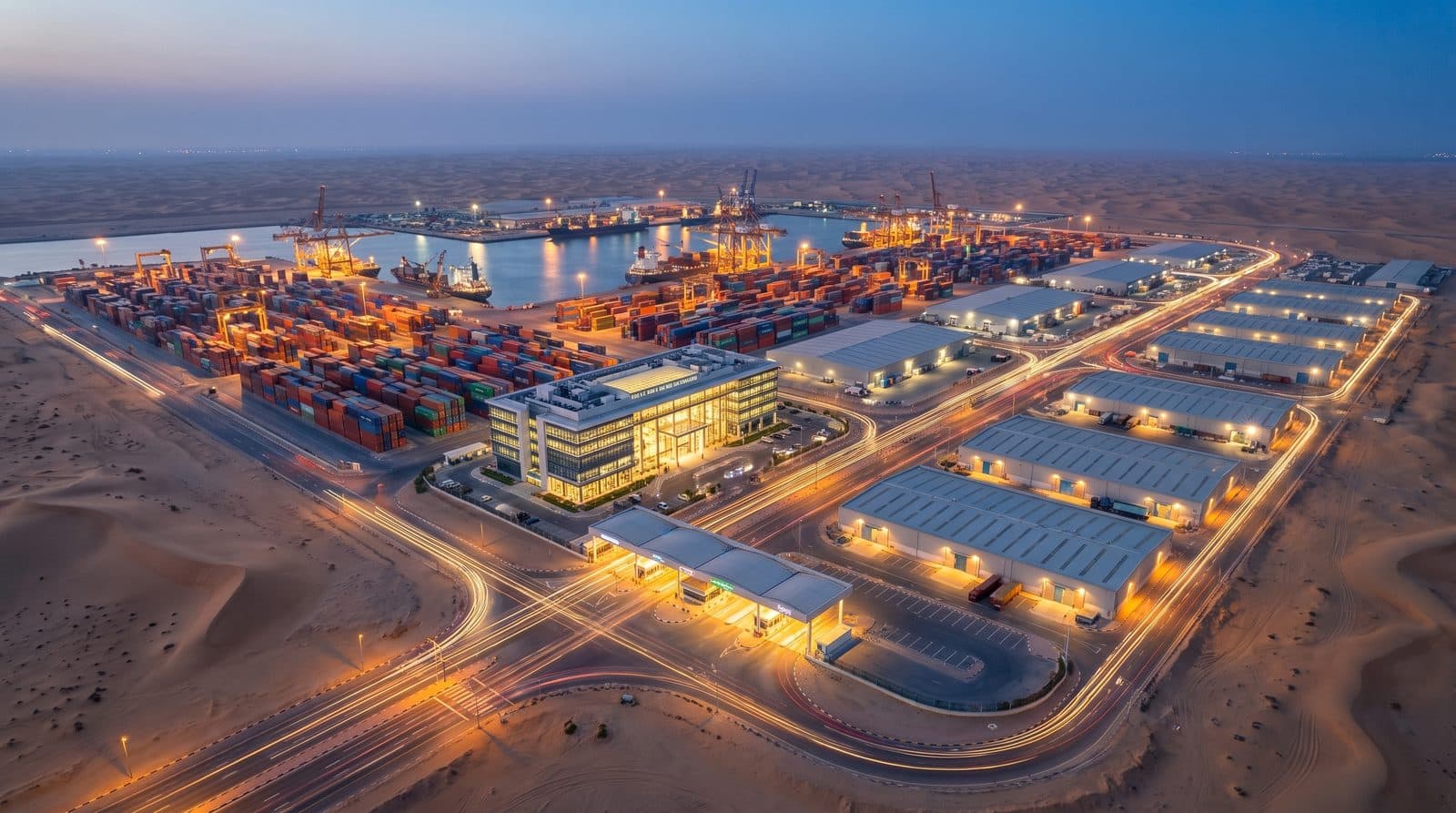 A free trade zone and commercial port at blue hour, stacked containers, a trade exchange building with a glowing glass hall and a customs gate under lit canopies, quays traced in thin lines of light.