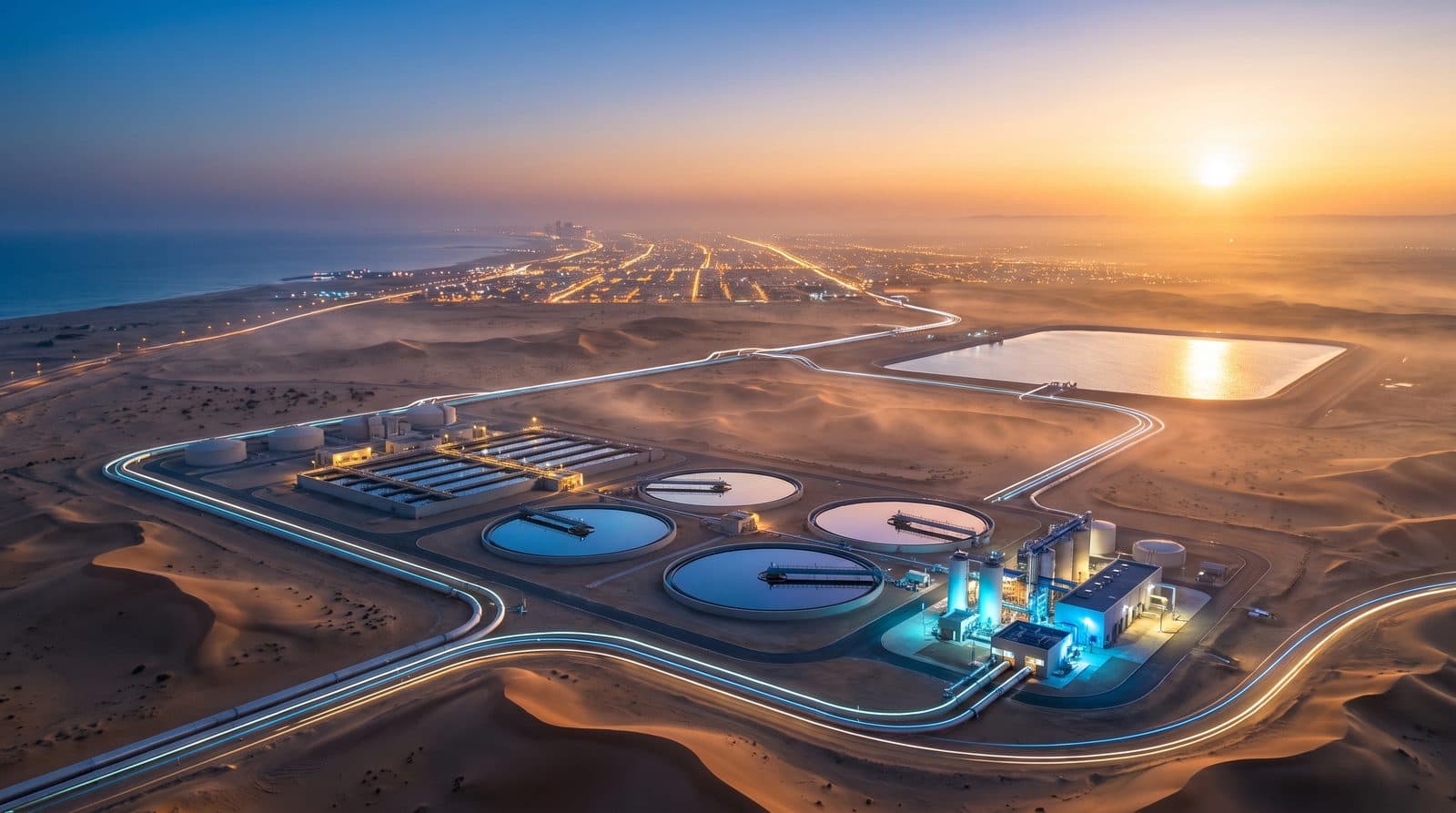 A coastal water and wastewater treatment plant at dawn, round clarifier basins reflecting the sky, a pumping station and pipelines running inland, traced in thin lines of light.