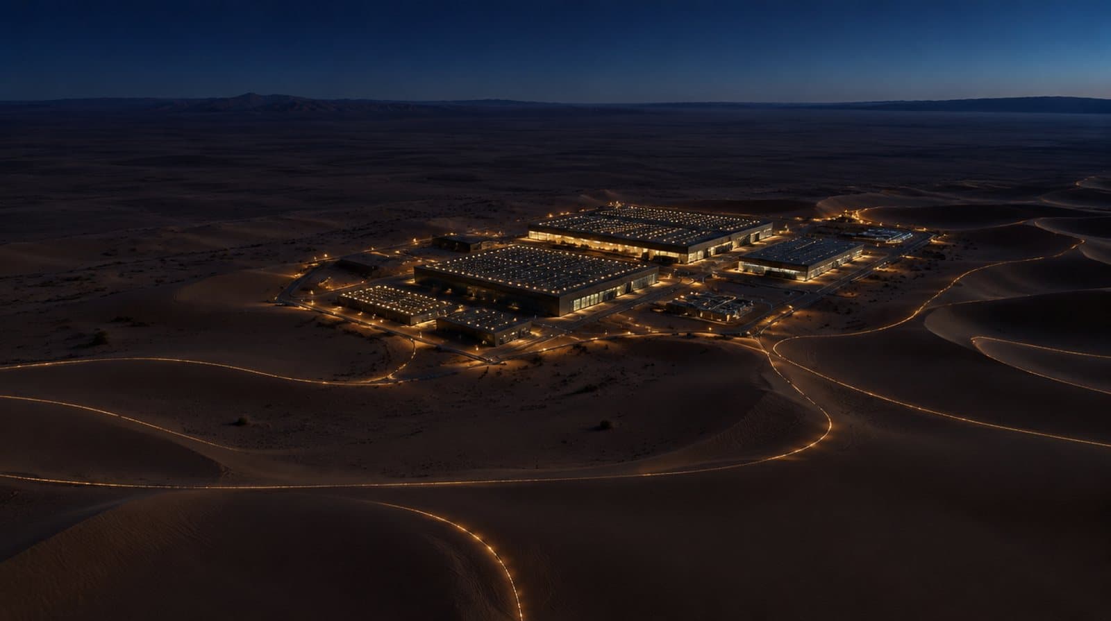 Night aerial view of a compute campus set into the desert, its halls lit in a grid, with lines of light running across the dunes toward it.