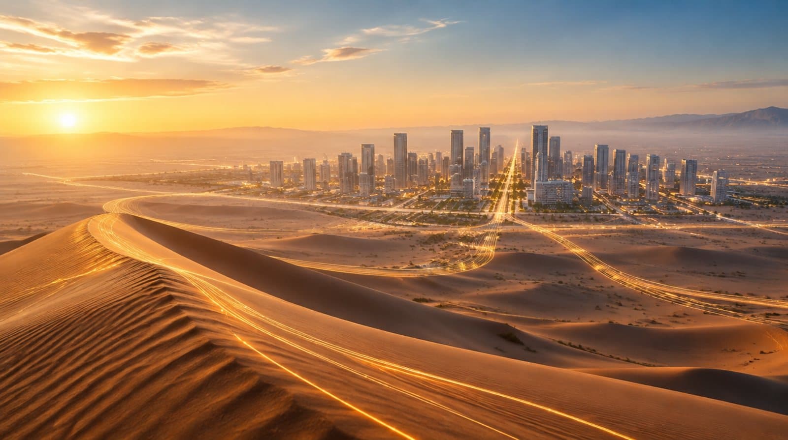 A city of glass towers rising from desert dunes at sunrise, its roads traced in lines of light.