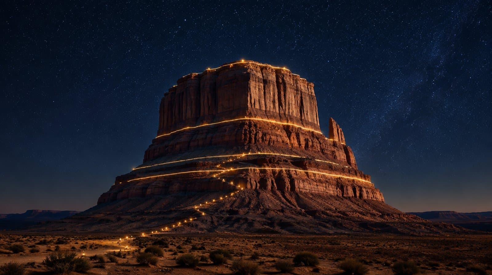 A desert mesa at night under a sky full of stars, bands of light traced along its rock layers and a path of lamps climbing from the desert floor toward its summit.
