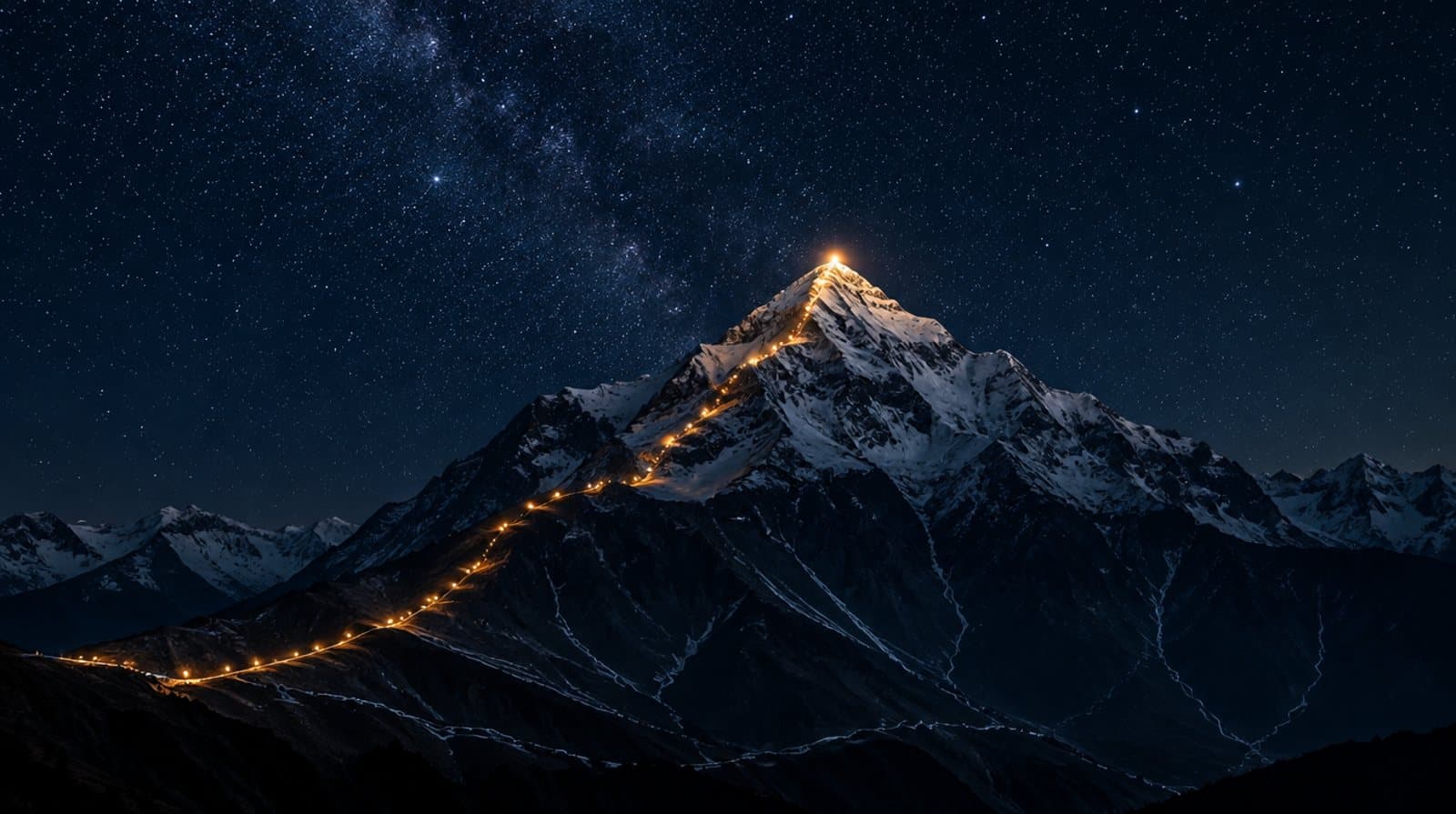 A snow-capped mountain under a field of stars, a trail of lamps climbing its flank to a glowing summit.