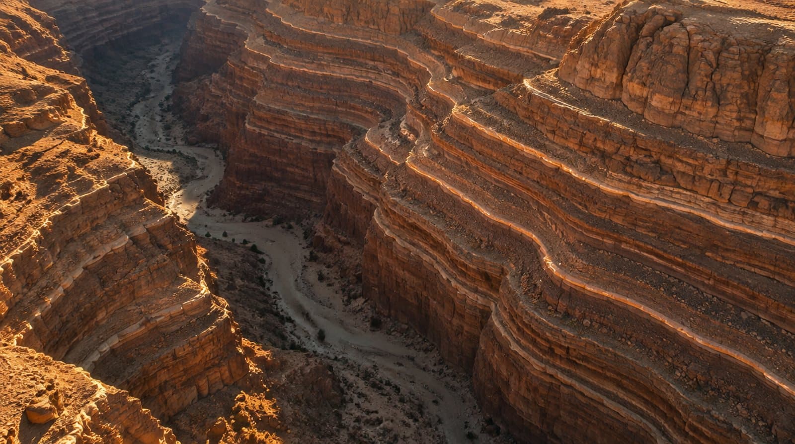 An aerial view down into a desert canyon, its walls cut in long bands of sandstone strata, each edge caught by low sunlight, a dry riverbed winding along the floor.