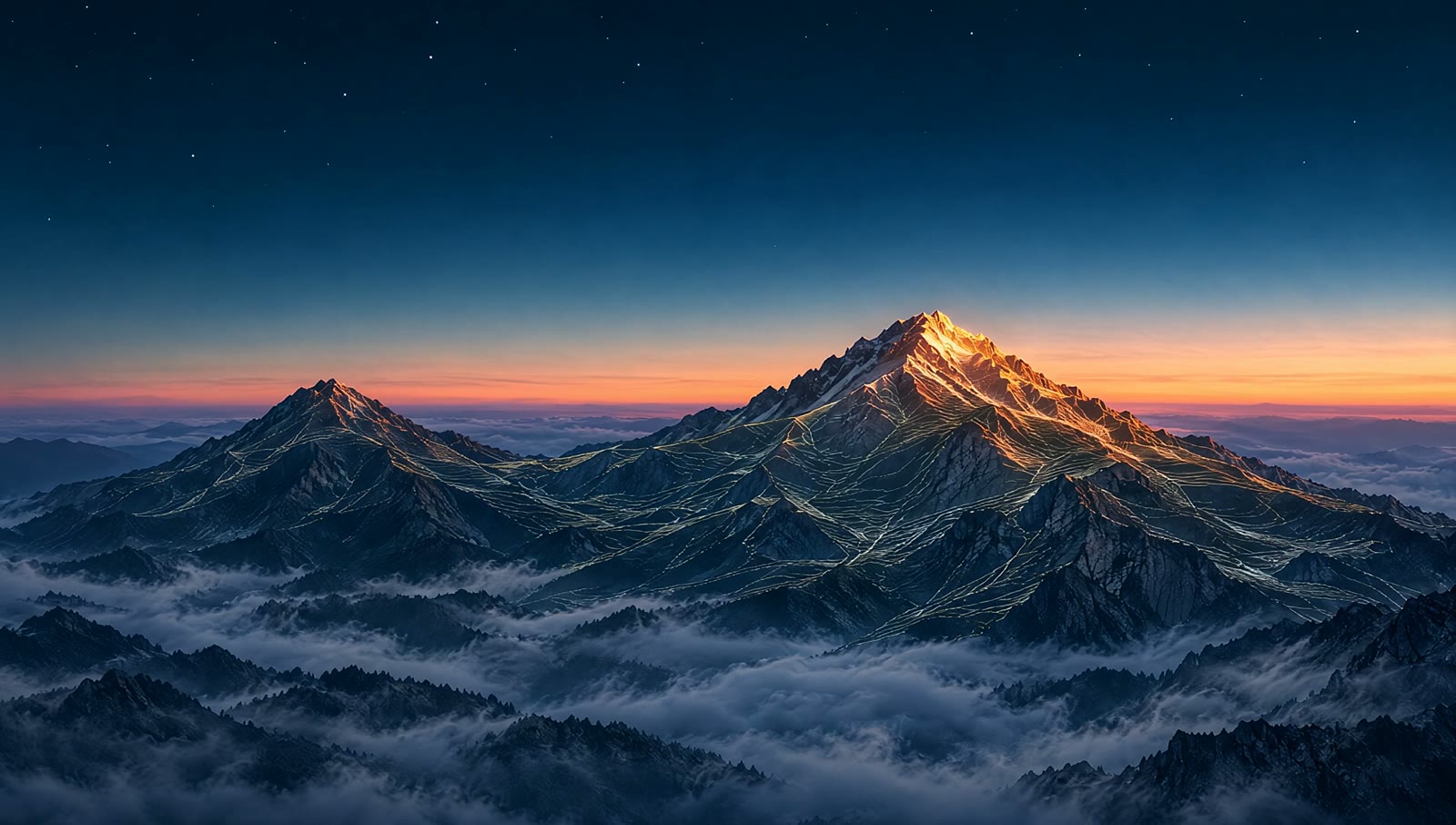 Peaks at dawn receding into mist: the nearest lit gold at its summit, the second half in shadow.